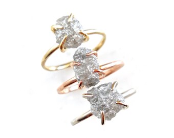 Raw Diamond Ring, Rough Diamond Engagement Ring, Natural Diamond Solitaire in 14k, Gray Diamond Ring