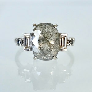 Grey Diamond Engagement Ring, Salt and Pepper Diamond Ring, Rose Cut Diamond Ring, Five Stone Diamond Ring
