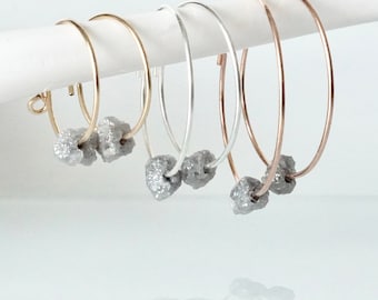 Raw Diamond Earrings, Rough Diamond Earrings, Diamond Hoop Earrings, Grey Diamond Earrings