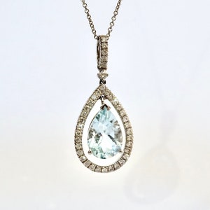 Aquamarine Diamond Teardrop Pendant: 3.69 ct, 18k White Gold