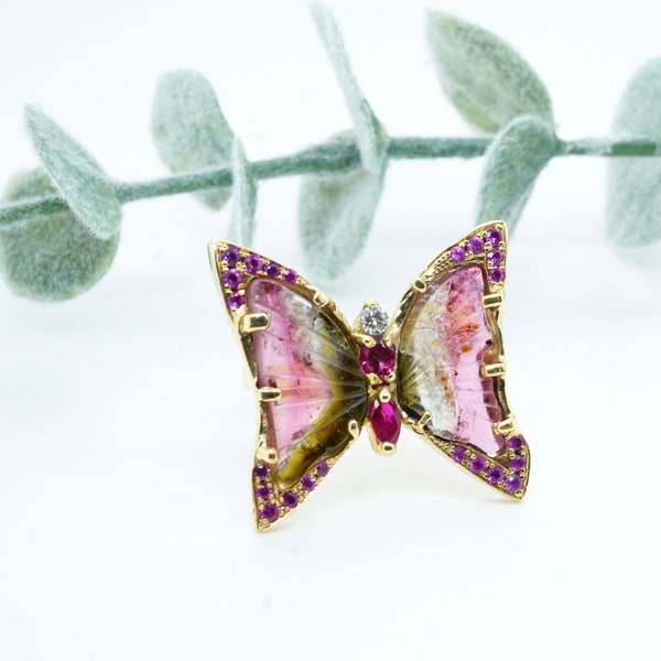 Butterfly Ring, Tourmaline Butterfly Ring, Watermelon Tourmaline Ring, One of a kind Ring, Tourmaline Ring