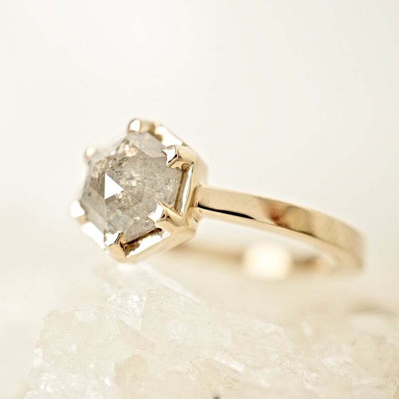 Salt and Pepper Hexagon Diamond Ring Grey Geometric Diamond Etsy