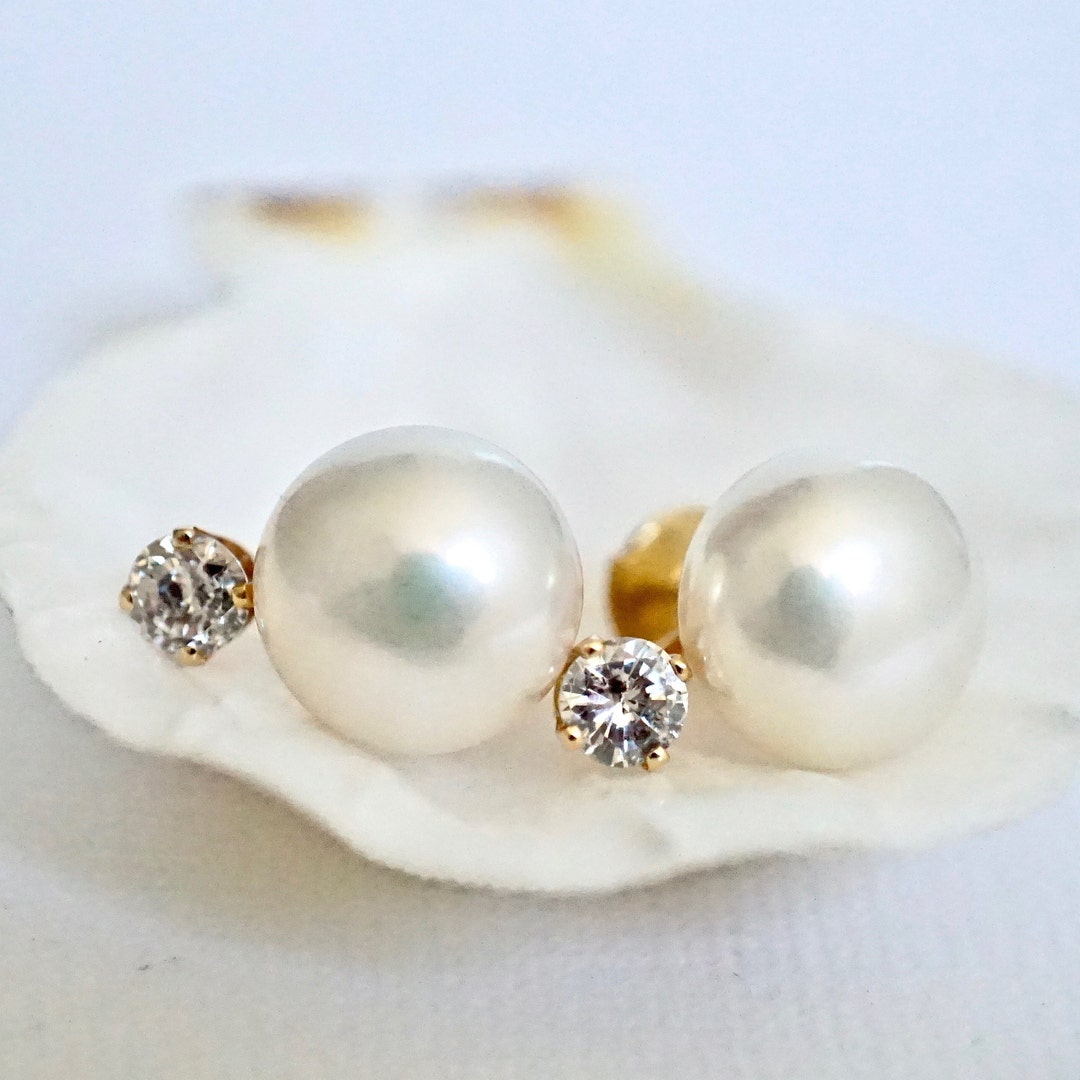Freshwater Pearl Diamond Earrings, 10 Mm Pearl Stud Earrings, Bridal ...