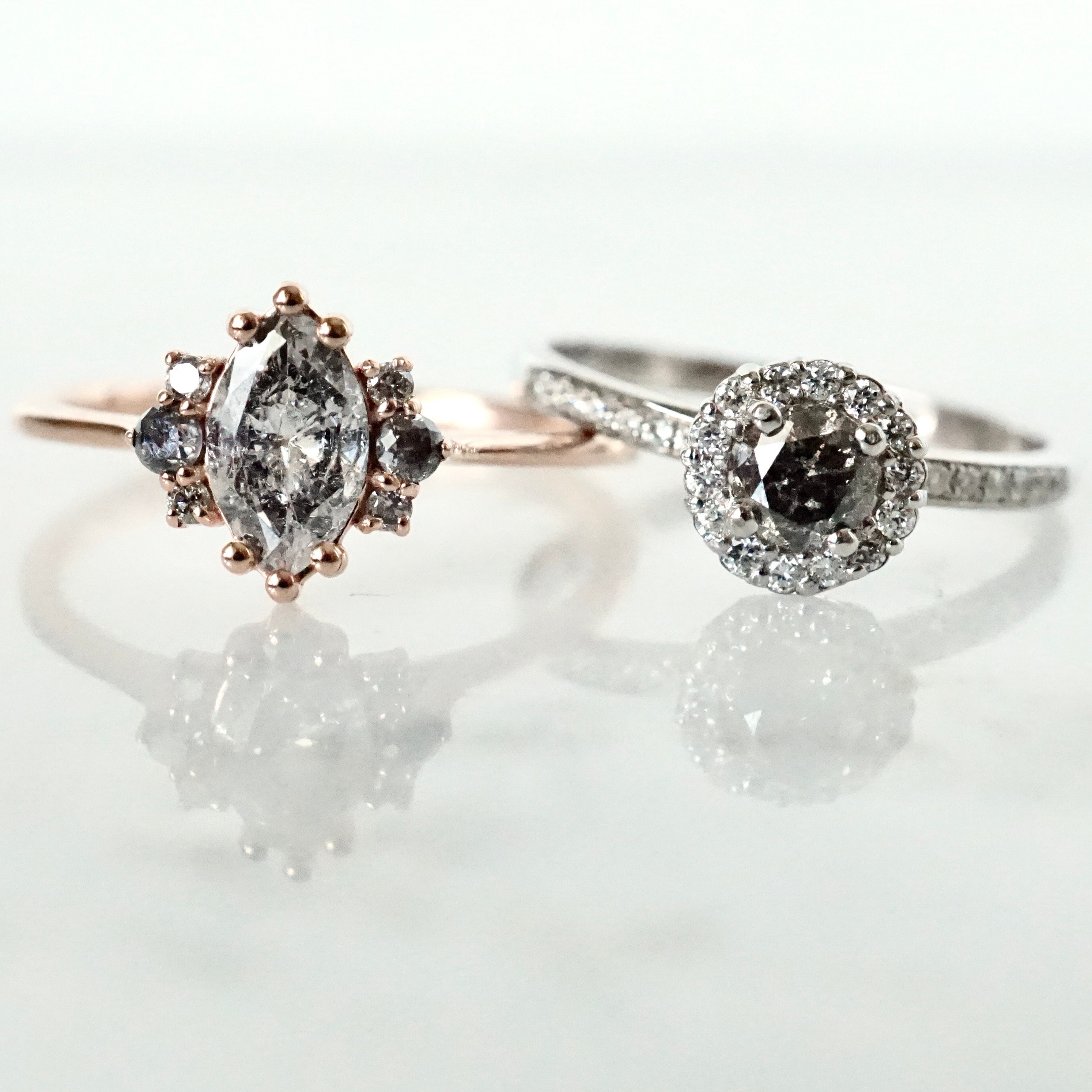 Salt and Pepper Diamond Ring Delicate Diamond Halo Engagement Etsy