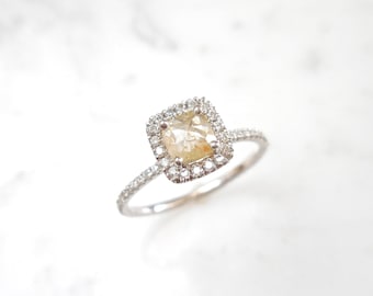 Cushion Rose Cut Diamond Halo Engagement Ring: 14k White Gold, Champagne Diamond