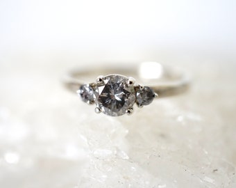 Salt and Pepper Diamond Ring 14k White Gold. Three Stone Diamond Engagement Ring, White Gold Diamond Ring,