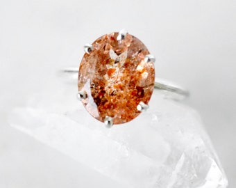 Orange Sunstone Engagement Ring, Sunstone Sterling Silver Ring, Oval Sunstone Ring, Orange Sunstone Ring, Sterling Silver Gemstone Ring,