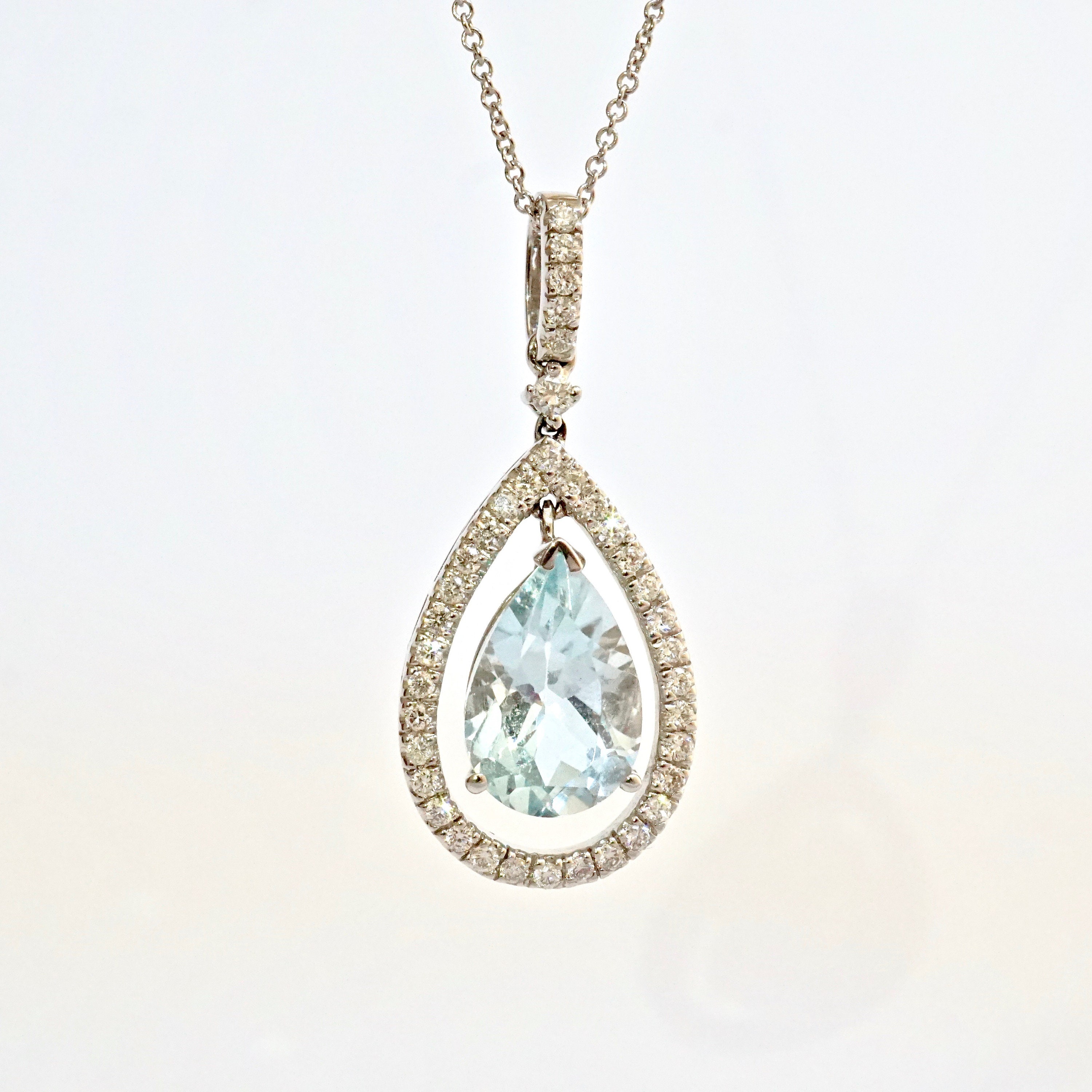 Aquamarine Diamond Halo Pendant Aquamarine Diamond Necklace Etsy