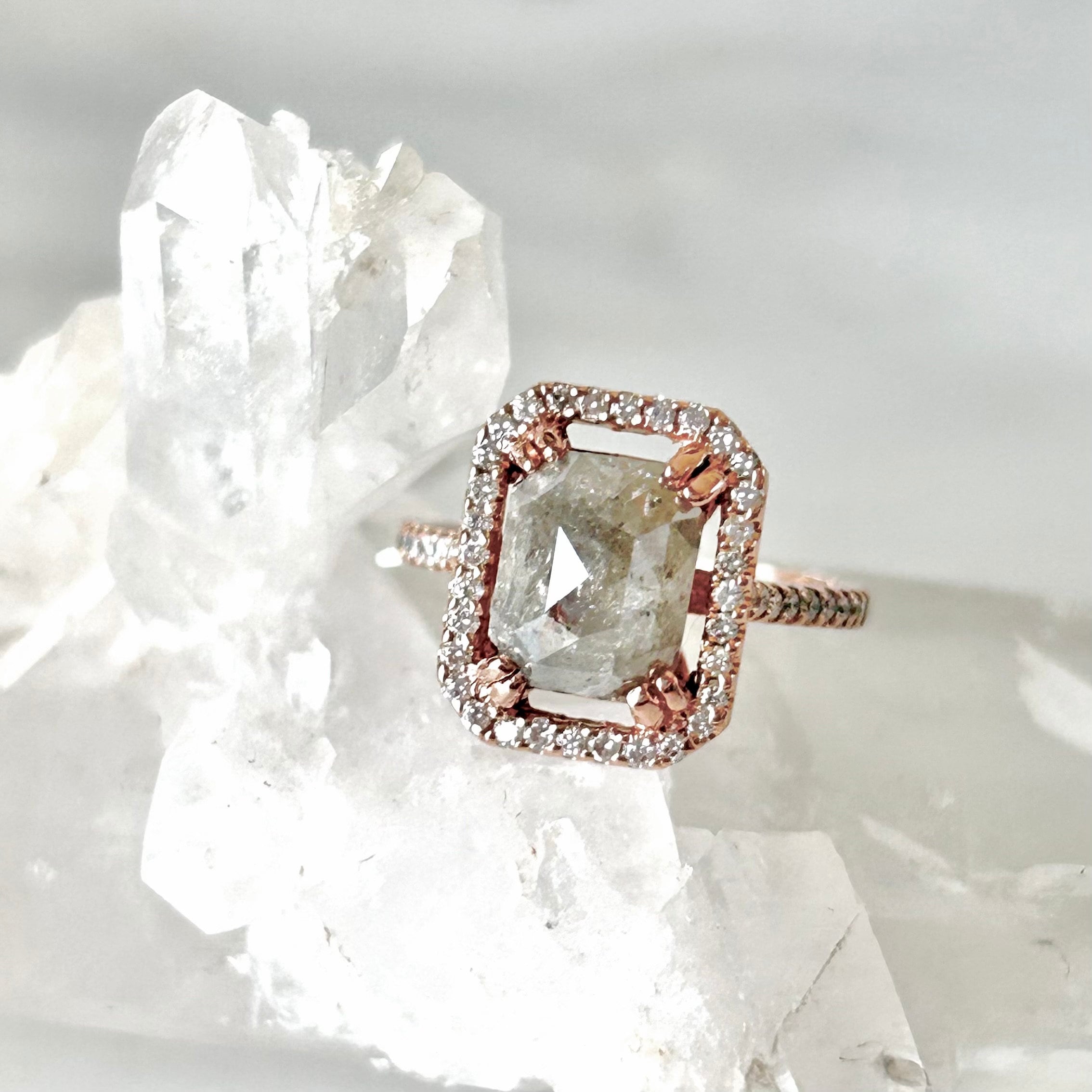 Rose Gold Salt and Pepper Diamond Ring: Cushion Rose Cut 2.05