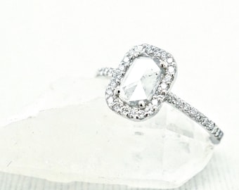 Oval Rose-Cut Diamond Engagement Ring, 14k White Gold Halo Ring