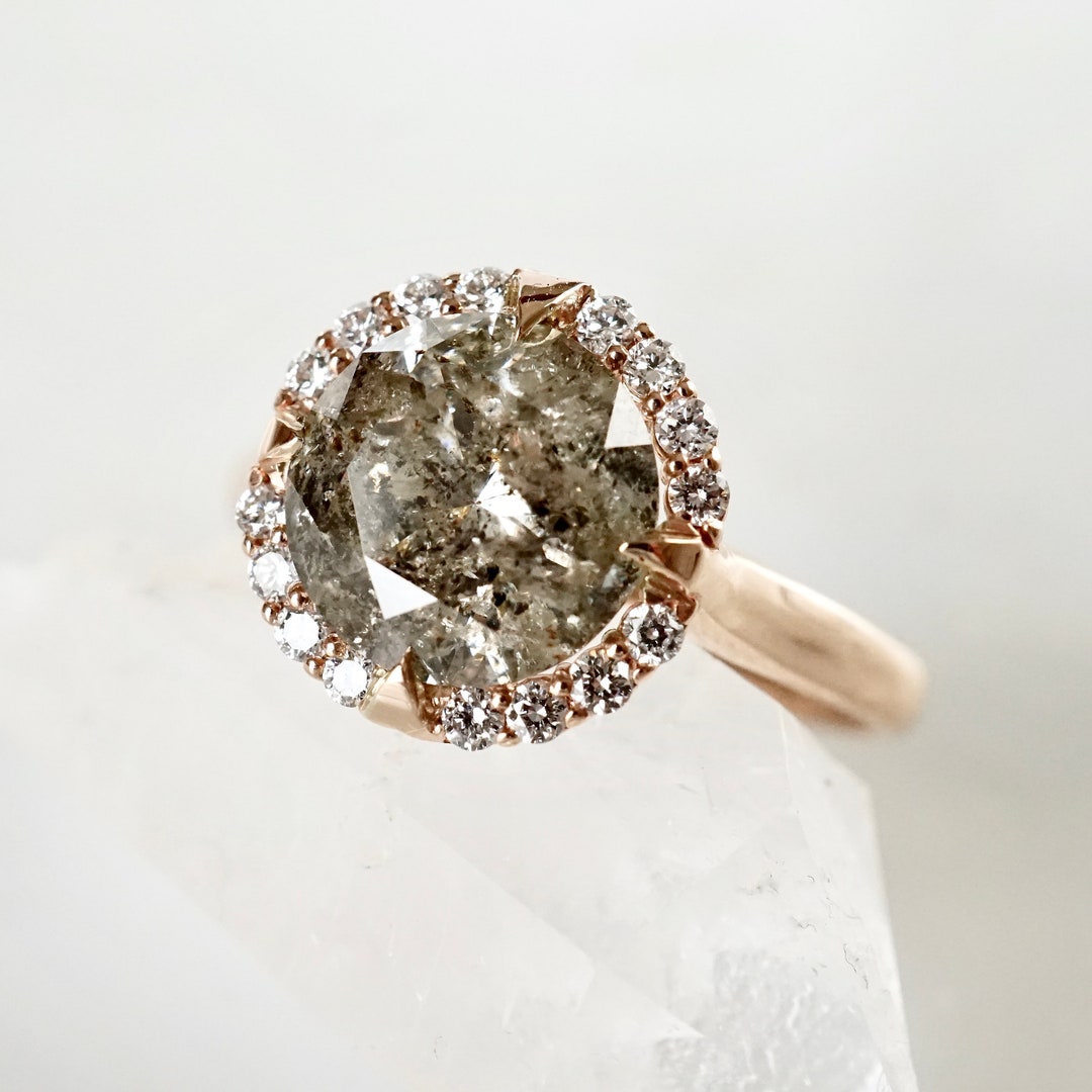 Salt and Pepper Diamond Engagement Ring, 3 Carat Diamond Halo Ring