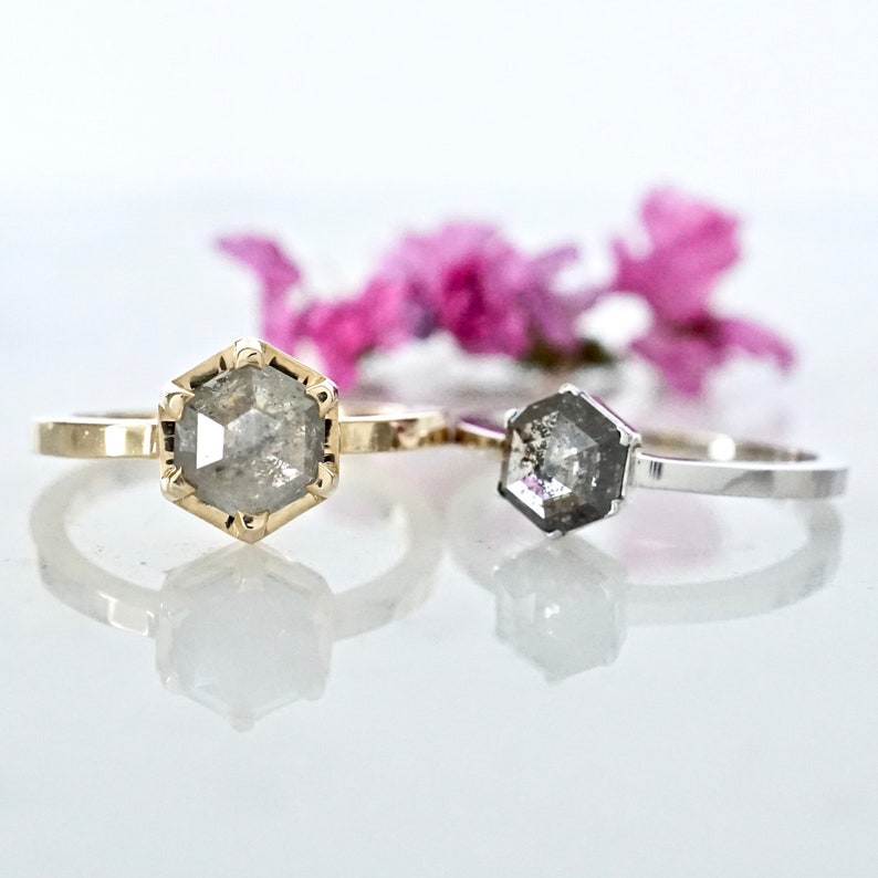 Salt and Pepper Hexagon Diamond Ring Grey Geometric Diamond Etsy