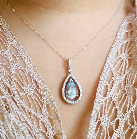 Aquamarine Pendant Necklace Aquamarine Diamond Pendant Teardrop