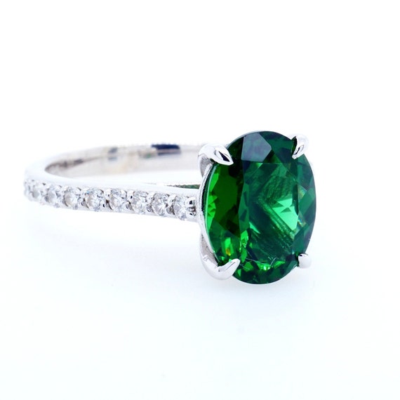 Green Tourmaline Engagement Ring White Gold, Chrome Tourmaline Ring, Tourmaline Diamond Ring, Oval Tourmaline White Gold Ring