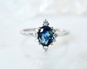 Sapphire Ring, Sapphire Engagement Ring, Teal Sapphire Diamond Ring, Montana Sapphire, Cluster Sapphire Ring, Parti Sapphire Ring