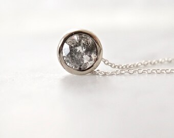 Salt and Pepper Diamond Necklace, 1 carat Gray Diamond Bezel Pendant in 14k Gold, Made to Order