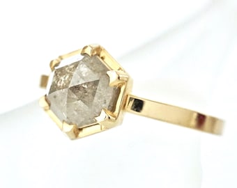Salt and Pepper Hexagon Diamond Ring: 14k Gold Geometric Engagement Ring