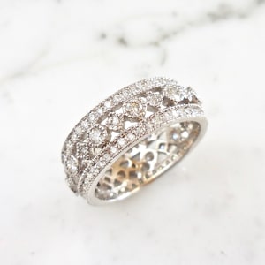 Aliança de casamento vintage com diamantes, anel de diamantes filigrana, aliança de eternidade com diamantes, anel vintage de ouro branco 18k com diamantes