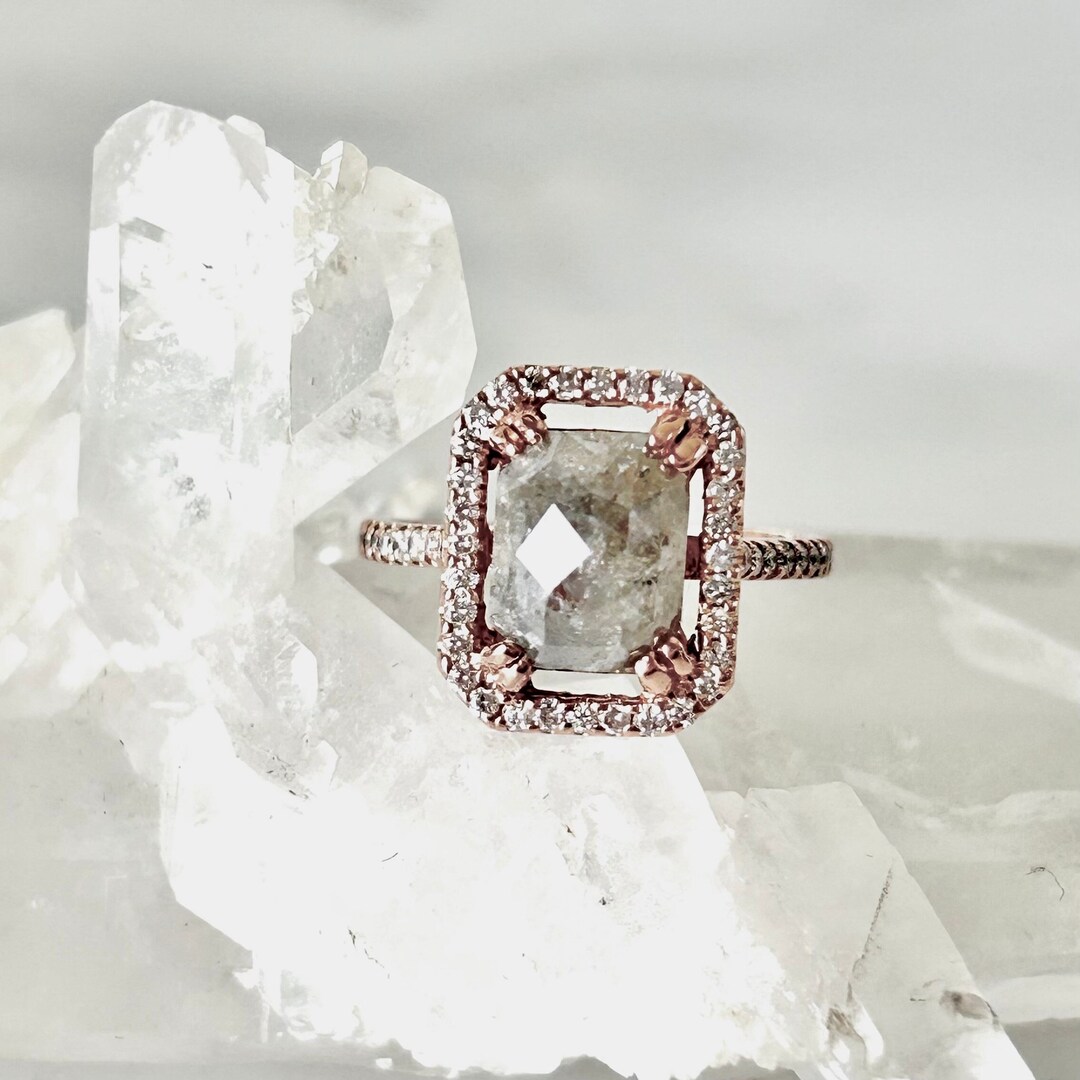 Rose Gold Salt and Pepper Diamond Ring: Cushion Rose Cut