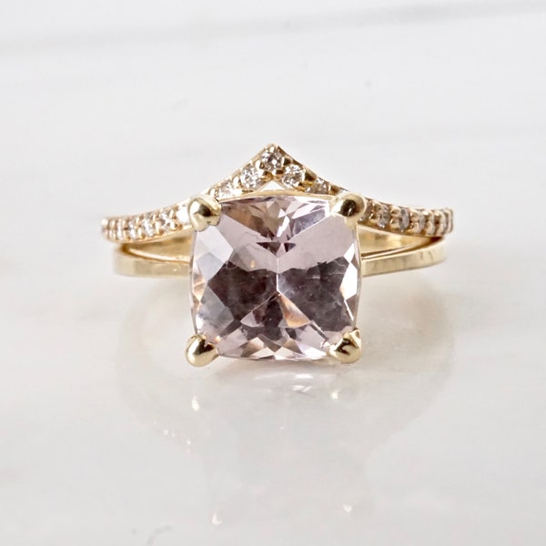 Cushion Peach Morganite Engagement Ring, 14k Yellow Gold Natural Morganite Ring