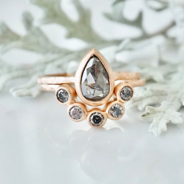 Salt and Pepper Rose Cut Diamond, Rose Gold Pear Diamond Bridal Wedding Set