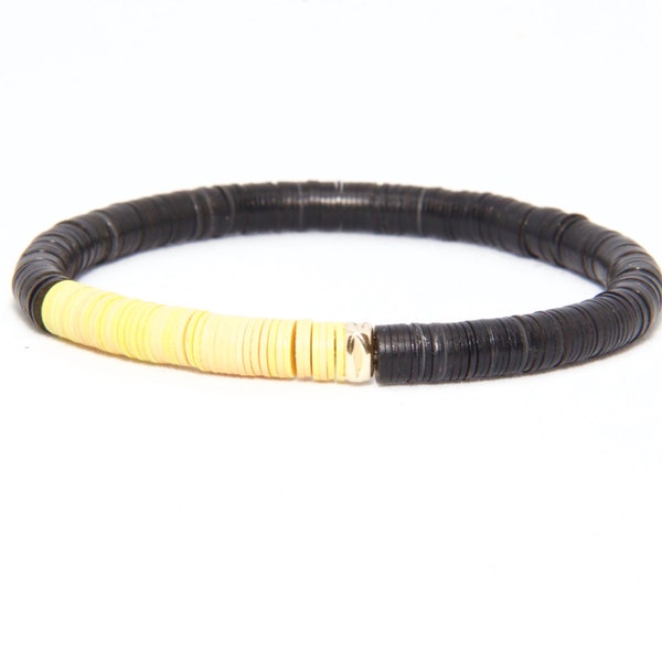 Bracelet de perles en 14K or massif jaune - plage Boho Stretch cordon - vinyle africain jaune et noir perles - hommes femmes cadeau unisexe lui son