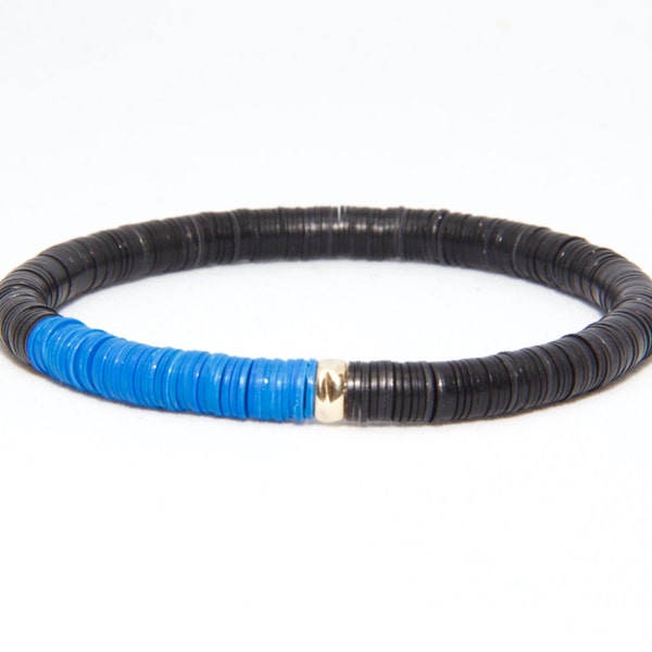 Bracelet de perles en 14K or massif jaune - Beach Boho Stretch cordon - vinyle bleu et noir africain - homme femme unisexe cadeau lui son
