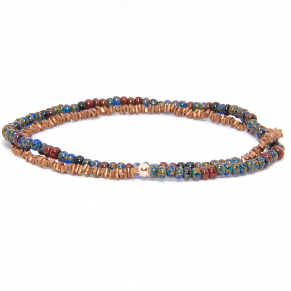 Bracelet de perles en 14 K or Rose - plage Boho Stretch cordon - verre bleu & rouge cuivre - homme femme unisexe cadeau lui son