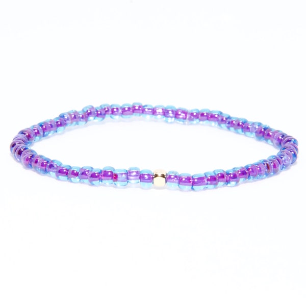 Bracelet de perles en or jaune 14K solide - plage Boho Stretch cordon - perles en verre tchèque africain violet & bleu - homme femme unisexe cadeau lui son