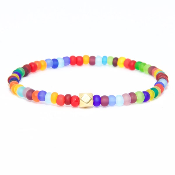 Bracelet de perles en or jaune massif 18K - Beach Boho Stretch cordon - verre tchèque multicolore coloré - homme femme unisexe cadeau lui son