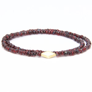 Beaded Bracelet in 18K Solid Yellow Gold - Beach Boho Stretch Cord - Czech Glass Ruby Red - Men Women Unisex Gift Him Her