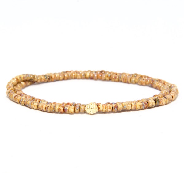 Bracelet de perles en 14K or massif jaune - Beach Boho Stretch cordon - perles de verre tchèques africain vieilli marron - homme femme unisexe cadeau lui son