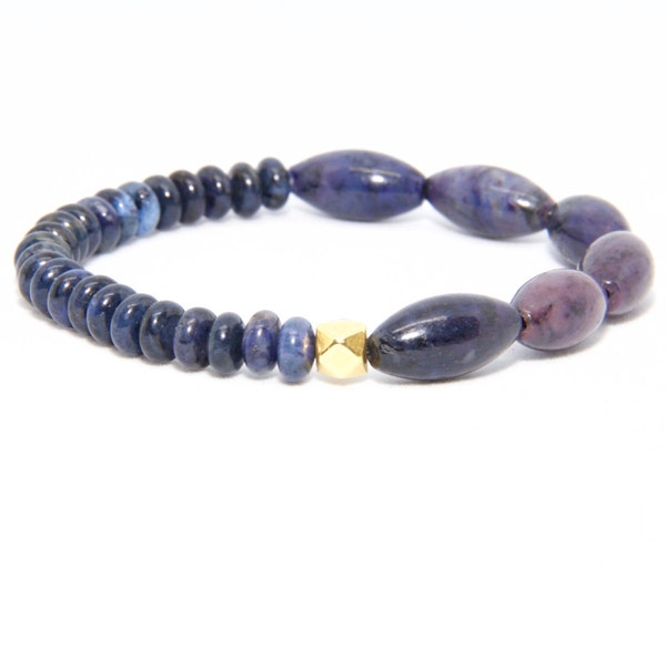 Bracelet de perles en or jaune massif 18K - Beach Boho Stretch cordon - Dumortierite violet - homme femme unisexe cadeau lui son