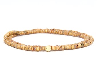 Beaded Bracelet in 14K Solid Yellow Gold - Beach Boho Stretch Cord - Brown Aged African Czech Glass Beads - Men Women Unisex Gift Him Her