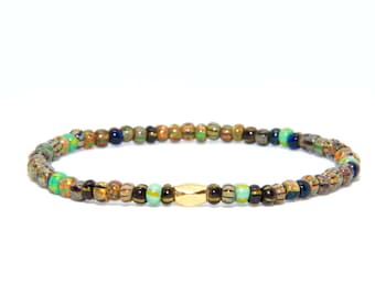 Beaded Bracelet in 18K Solid Yellow Gold - Beach Boho Stretch Cord - African Czech Glass Beads - Men Women Unisex Gift Him Her