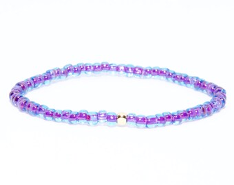 Beaded Bracelet in 14K Solid Yellow Gold - Beach Boho Stretch Cord - Purple & Blue African Czech Glass Beads - Men Women Unisex Gift Him Her