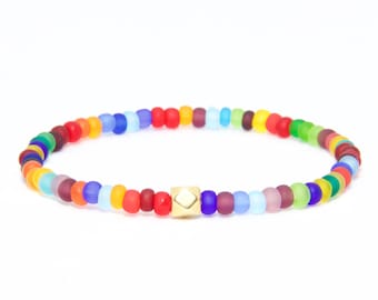 Beaded Bracelet in 18K Solid Yellow Gold - Beach Boho Stretch Cord - Czech Glass Multicolour Colorful - Men Women Unisex Gift Him Her