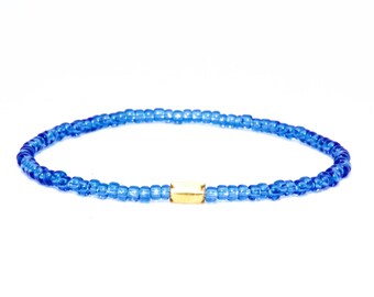Beaded Bracelet in 18K Solid Yellow Gold - Beach Boho Stretch Cord - Blue Glass - Men Women Unisex Gift Him Her