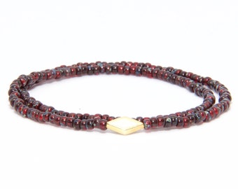 Beaded Bracelet in 18K Solid Yellow Gold - Beach Boho Stretch Cord - Czech Glass Ruby Red - Men Women Unisex Gift Him Her