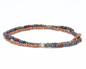 Beaded Bracelet in 14K Rose Gold - Beach Boho Stretch Cord - Glass Blue & Red Copper - Men Women Unisex Gift Him Her