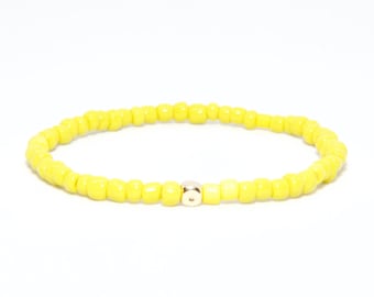 Beaded Bracelet in 14K Solid Yellow Gold - Beach Boho Stretch Cord - African Czech Glass Beads Yellow - Men Women Unisex Gift Him Her