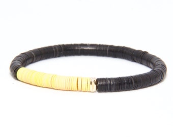 Beaded Bracelet in 14K Solid Yellow Gold - Beach Boho Stretch Cord - African Vinyl Yellow & Black Beads - Men Women Unisex Gift Him Her