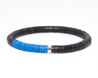 Beaded Bracelet in 14K Solid Yellow Gold - Beach Boho Stretch Cord - African Blue & Black Vinyl Beads - Men Women Unisex Gift Him Her