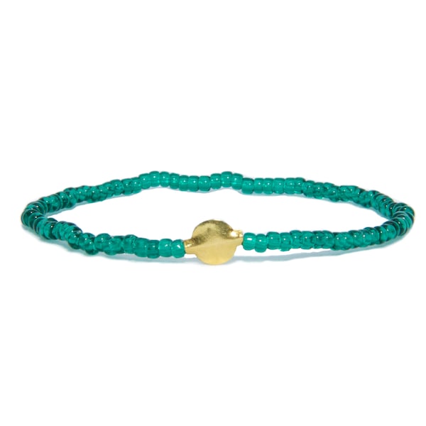 Bracelet de perles en or jaune massif 18K - plage Boho Stretch cordon - minuscules vert perles de verre - cadeau unisexe homme femme lui son