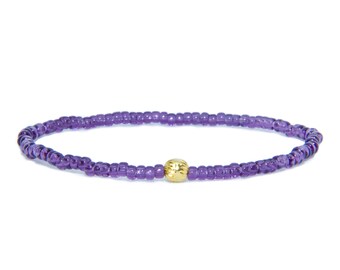 Beaded Bracelet in 18K Solid Yellow Gold - Beach Boho Stretch Cord- Tiny Purple Glass Beads - Men Women Unisex Gift Him Her