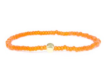 Beaded Bracelet in 18K Solid Yellow Gold - Beach Boho Stretch Cord- Tiny Orange Glass Beads - Men Women Unisex Gift Him Her