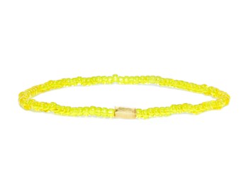 Beaded Bracelet in 18K Solid Yellow Gold - Beach Boho Stretch Cord- Tiny Yellow Glass Beads - Men Women Unisex Gift Him Her