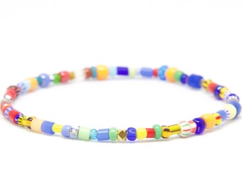 Beaded Bracelet in 18K Solid Yellow Gold - Beach Boho Stretch Cord - Czech Glass Beads Colorful MultiColour - Men Women Unisex Gift Him Her