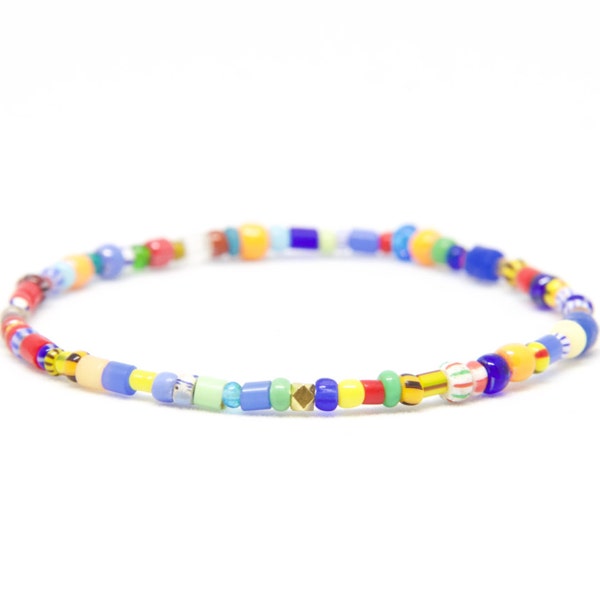 Bracelet perlé en or jaune massif 18K - Beach Boho Stretch Cord - Perles de verre tchèques multicolores colorées - Hommes Femmes Unisexe Lui cadeau Son