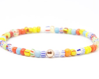 Beaded Bracelet in 14K Solid Rose Gold - Beach Boho Stretch Cord - African Czech Glass Beads - Men Women Unisex Gift Him Her